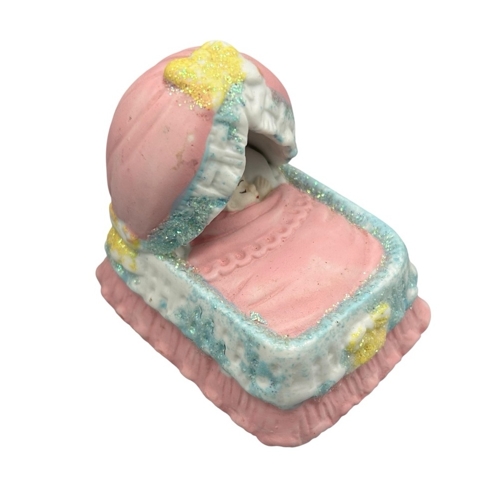 Vintage Ceramic Sleeping Baby Figurine in Bassinet Pastel Nursery Decor - Picture 5 of 7